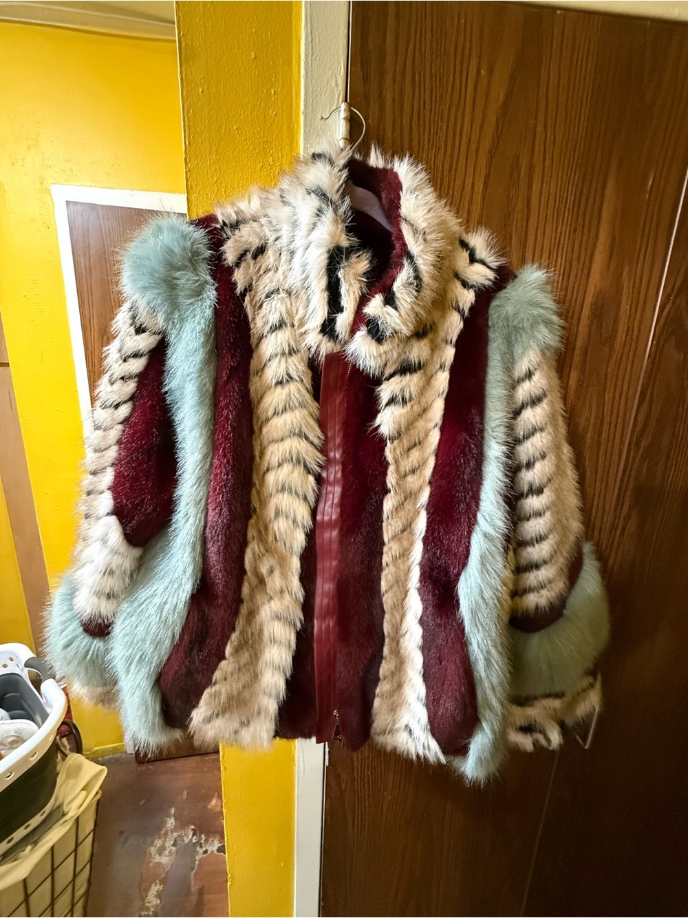AKIRA Faux Fur Patchwork Jacket in Burgundy, Cream & Mint